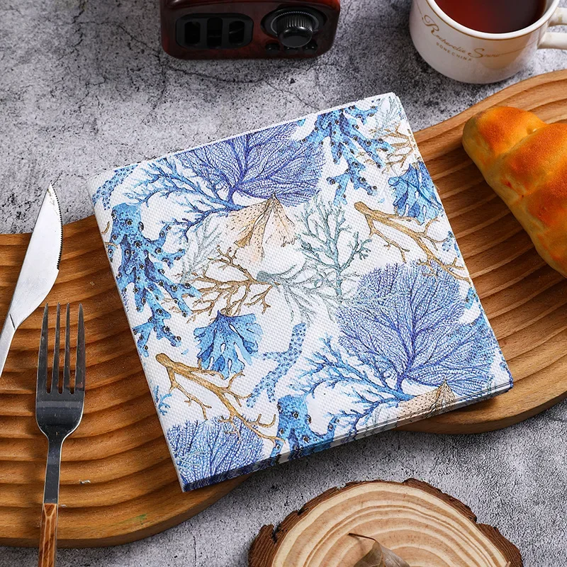 10/20pcs French Vintage Blue Rustic Tablecloth Placemats Colourful Printed Napkins Flower and Grass Facial Tissues Party Tissues