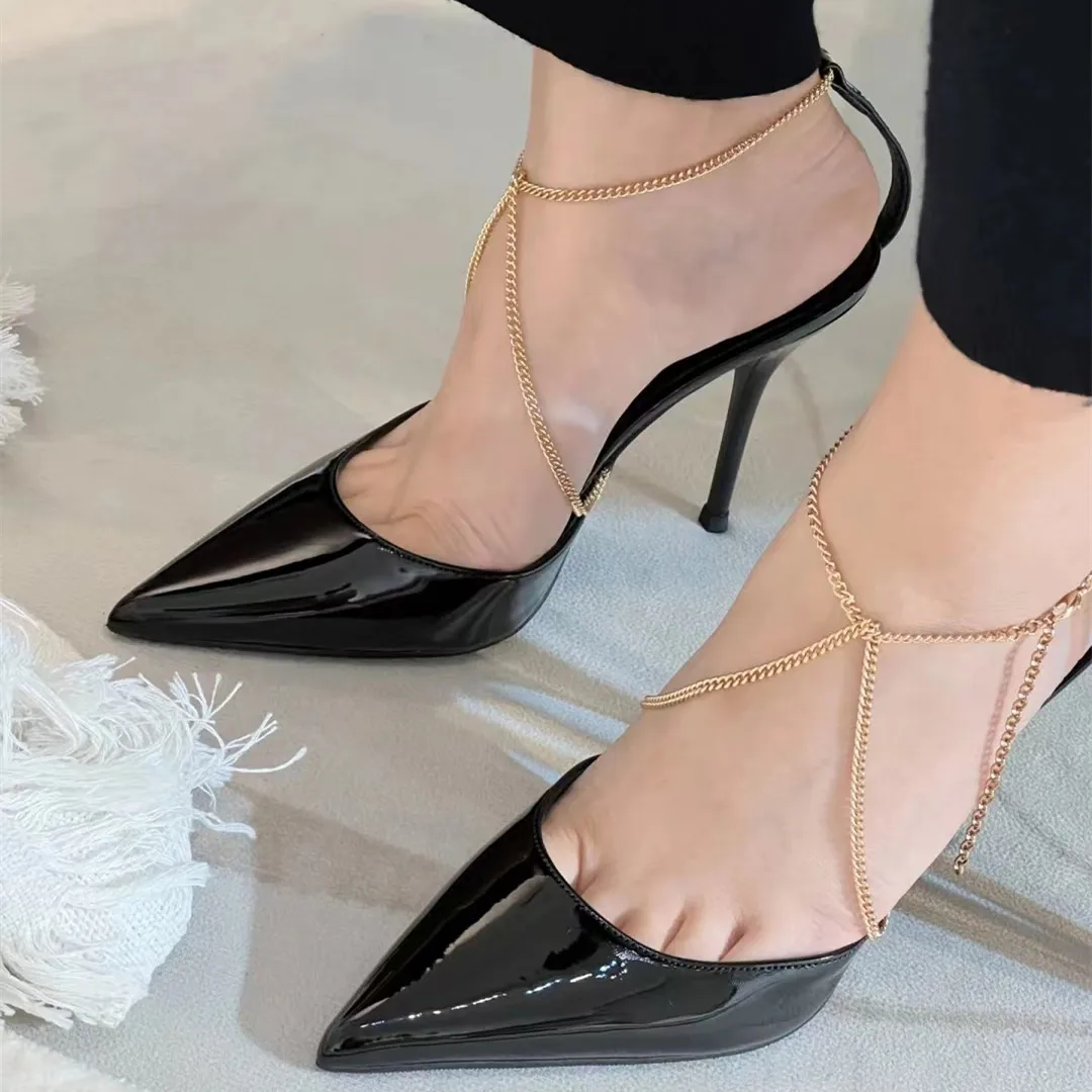Star style Elegant Pointed toe Stiletto High Heels Women Pumps Fashion Metal Chains Thin heeled Summer Slingbacks Female Shoes