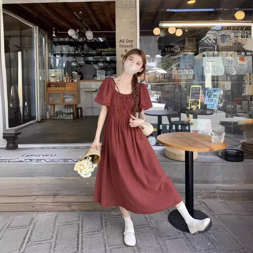 

Женское длинное платье с квадратным вырезом, однотонное Плиссированное свободное элегантное винтажное платье во французском стиле с короткими рукавами-фонариками, лето 2024