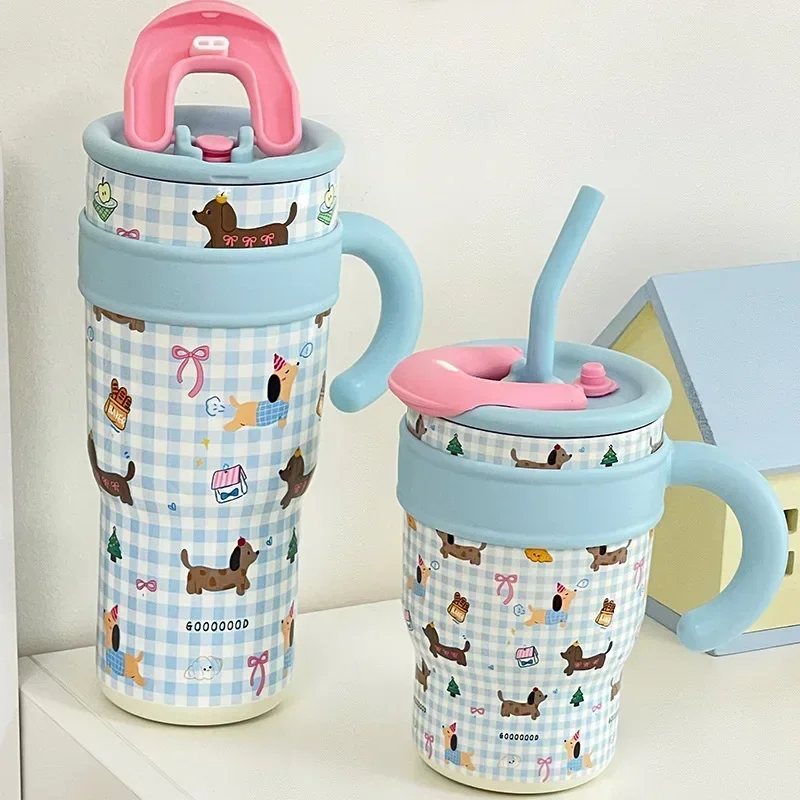 700/1200ml Large Capacity Straw Thermos Cup Stainless Steel Tumbler Bottle Car Travel Mugs With Handle Kawaii Thermos Cup Gift