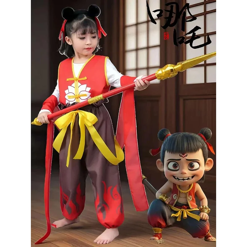 أزياء أنيمي ماجيك للأطفال Nezha's Demon Boy التأثيرية للبالغين والأطفال ملابس حفلات رياض الأطفال ملابس باروكة دعامة لطيفة ؛ 6'h ، 8