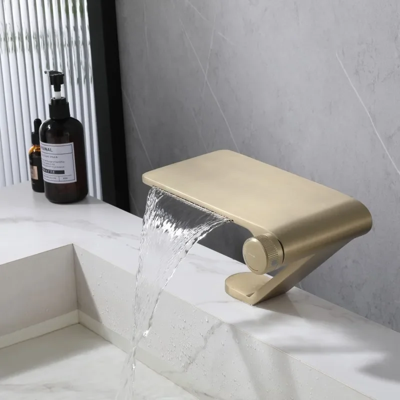 

New Bathroom Basin Faucet Waterfall Single Lever Cold And Hot Water Brush Gold Mixer Sink Tap Total Brass