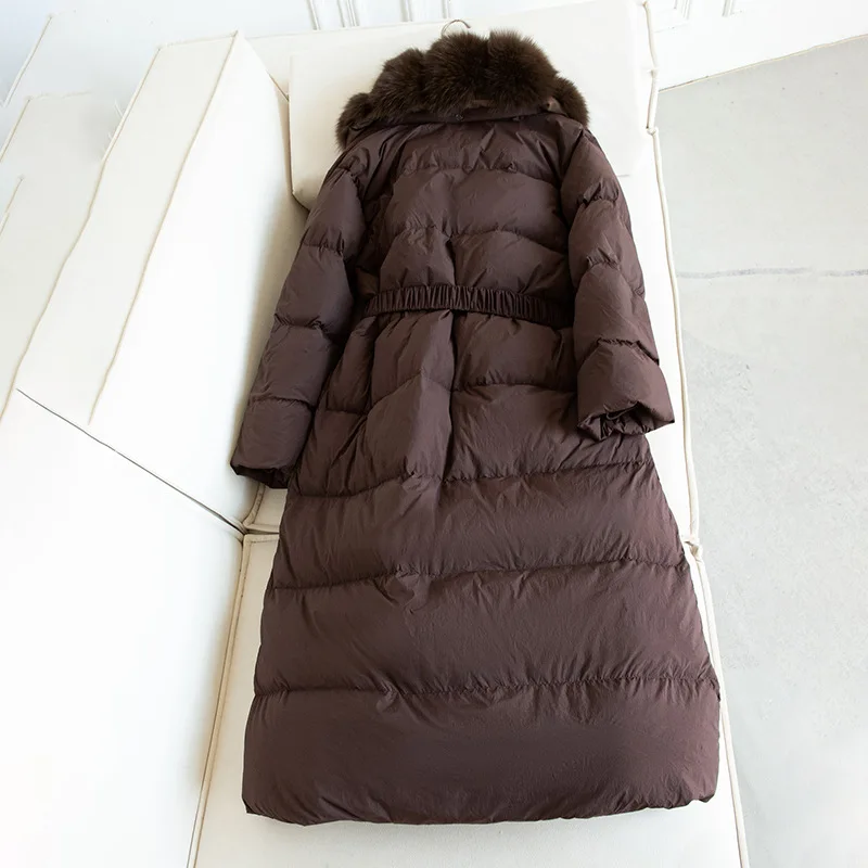 Nueva chaqueta de plumón de piel de zorro para mujer de invierno, chaqueta de plumón con cordones y cuello en V para ir al trabajo