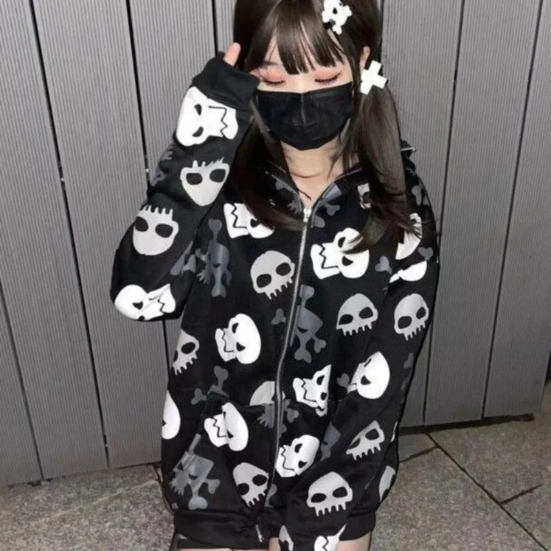 Street Y2k Punk Skull Print Coat Women 2025 New Zipper Hoodie Sweatshirts Spring Autumn Long Sleeve Loose Tops Mujer