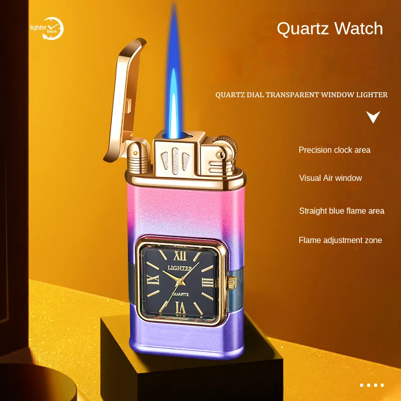 New Creative True Watch Windproof Jet Blue Fire Cigar Lighter Visible Gas Window Press One Button to Ignite Butane Gas Lighters