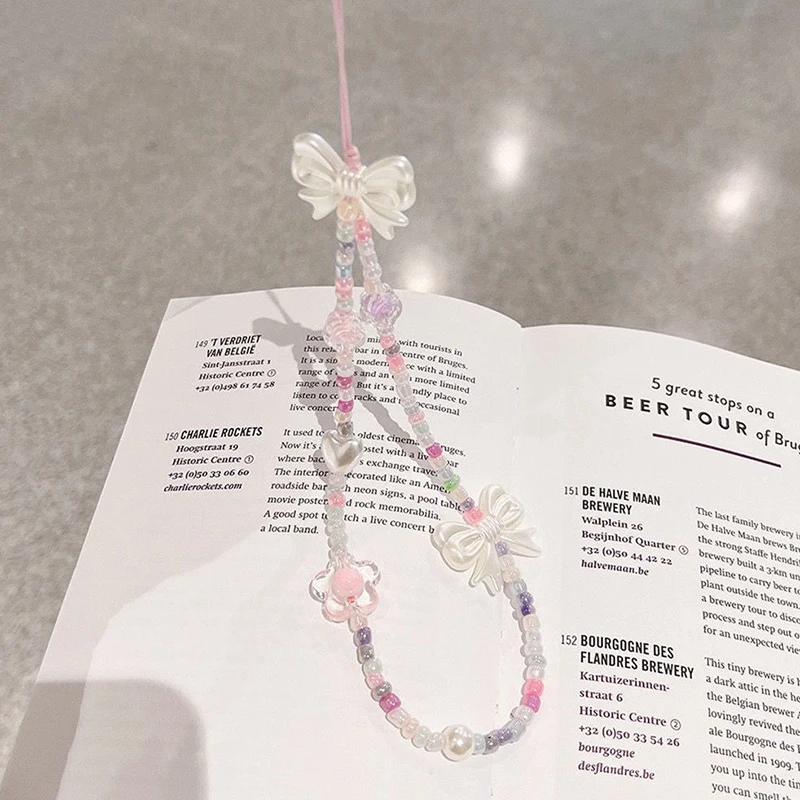 1Pcs Colored Baded Chain Bow Mobile Phone Chain Women Girls Beaded Telephone Lanyard For Anti-Loss Cellphone Jewelry