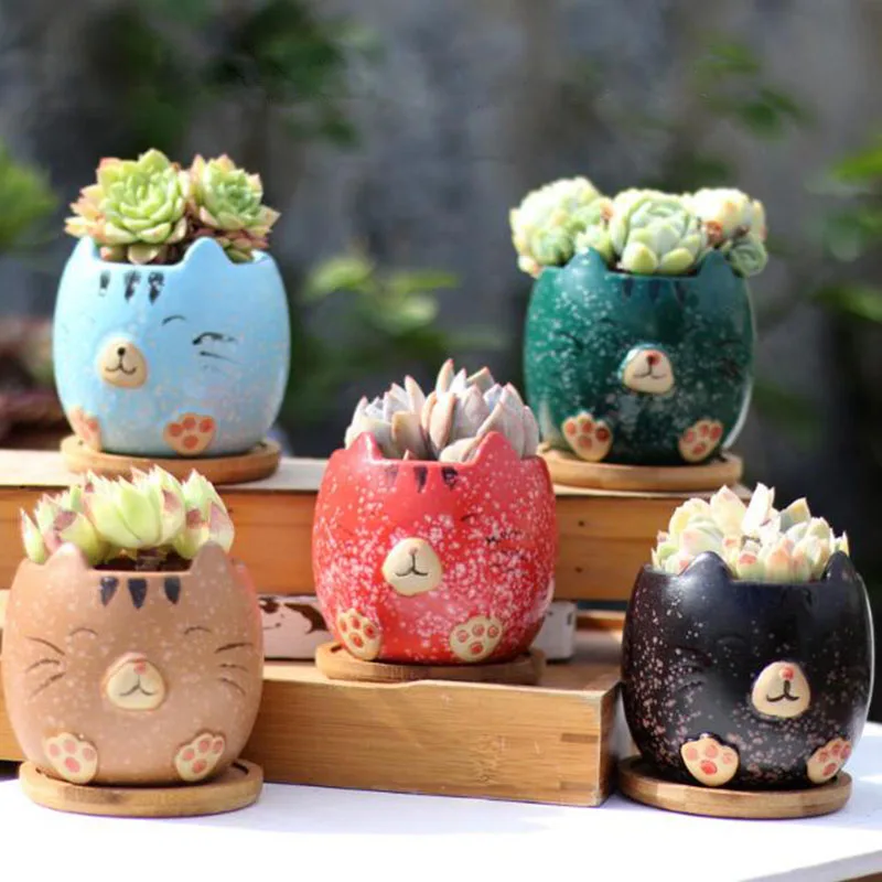 4Pcs/Set Cartoon Creative Succulent Plant Pot Cat Animal Flowerpot Breathable Ceramic Fleshy Vase Home Garden Balcony Decor