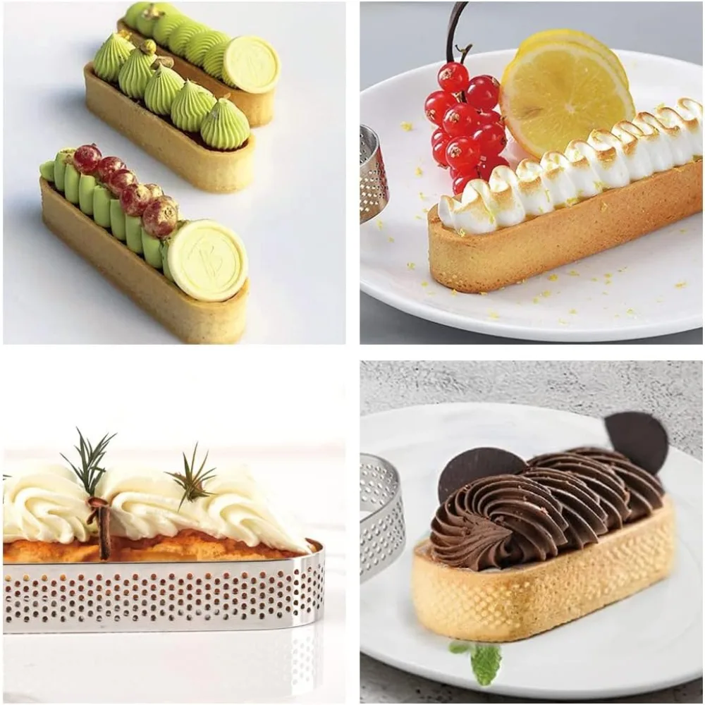 6PCS Silver Oval Stainless Steel Porous Cake Mousse Mold for French Dessert Fruit Pie Small Fruit Tarte Crust Quiche Cake Mold