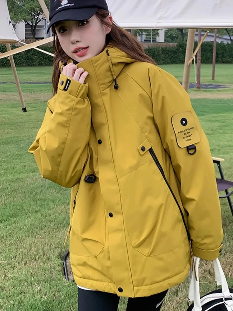 

Утепленная повседневная женская куртка-новинка для активного отдыха, хлопковая рабочая одежда свободного кроя на молнии с длинными рукавами и капюшоном, цветное пальто