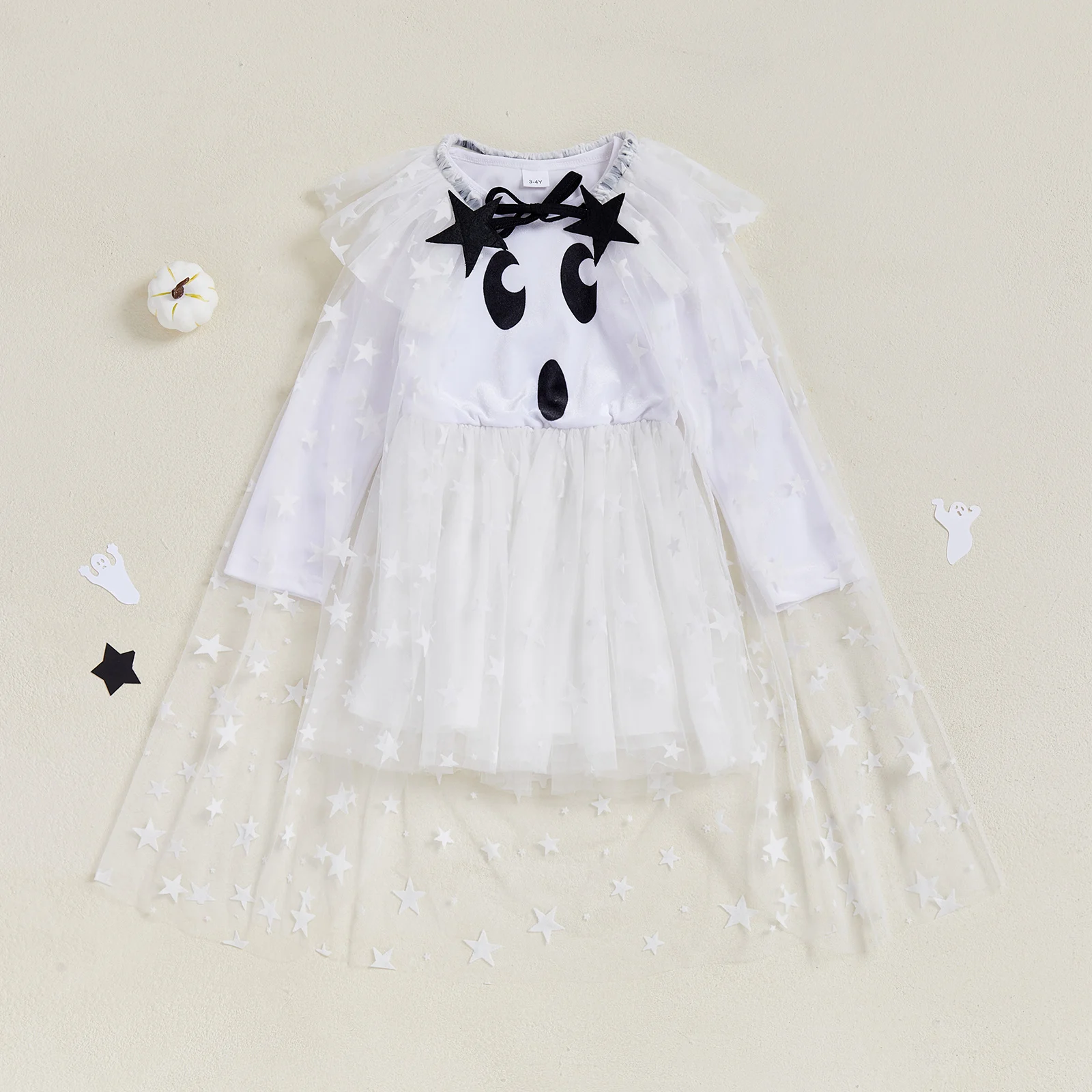 Tregren 1-6Y Kids Girl Halloween Mesh Dress with Capes Toddler Casual Star Print Long Sleeve Dress and Cloaks 2pcs Clothes Sets