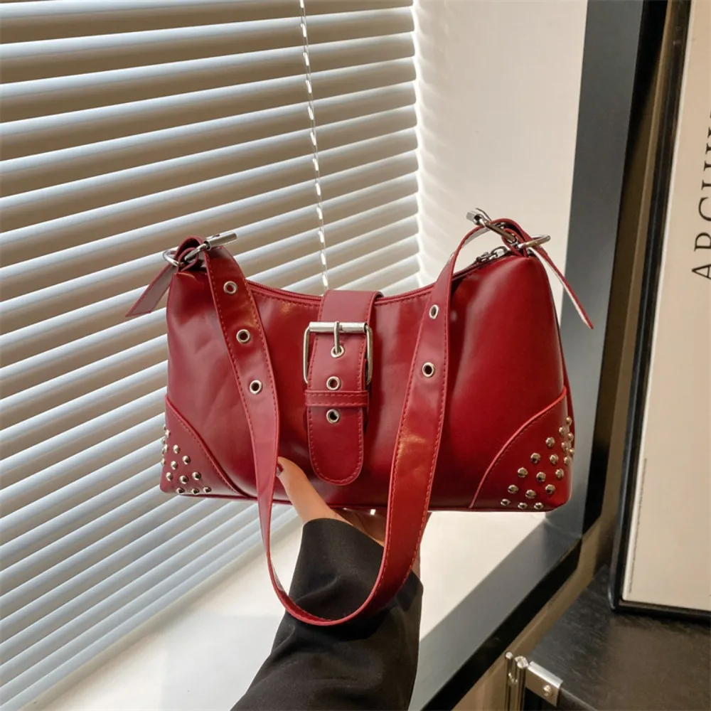 

Casual Designer Buckle Armpit Bag Y2k Vintage Rivet Shoulder Bag Gothic Pu Leather Spicy Girl Handbag Female