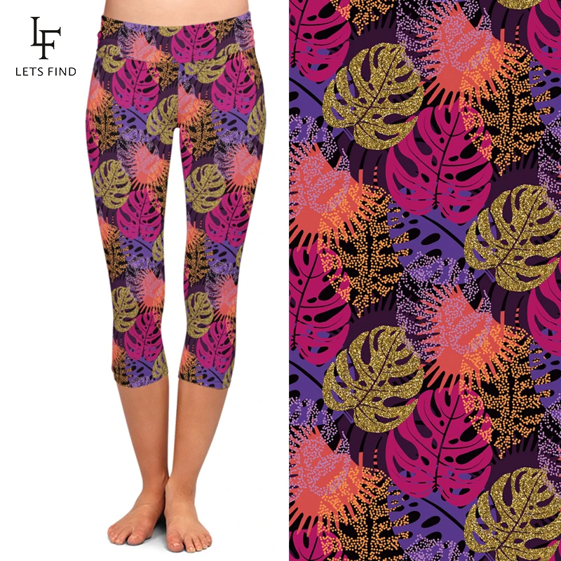 LETSFIND-pantalones de cintura alta con estampado de hojas para mujer, Leggings Capri informales de seda de leche, elásticos a media pantorrilla, 220gsm, novedad