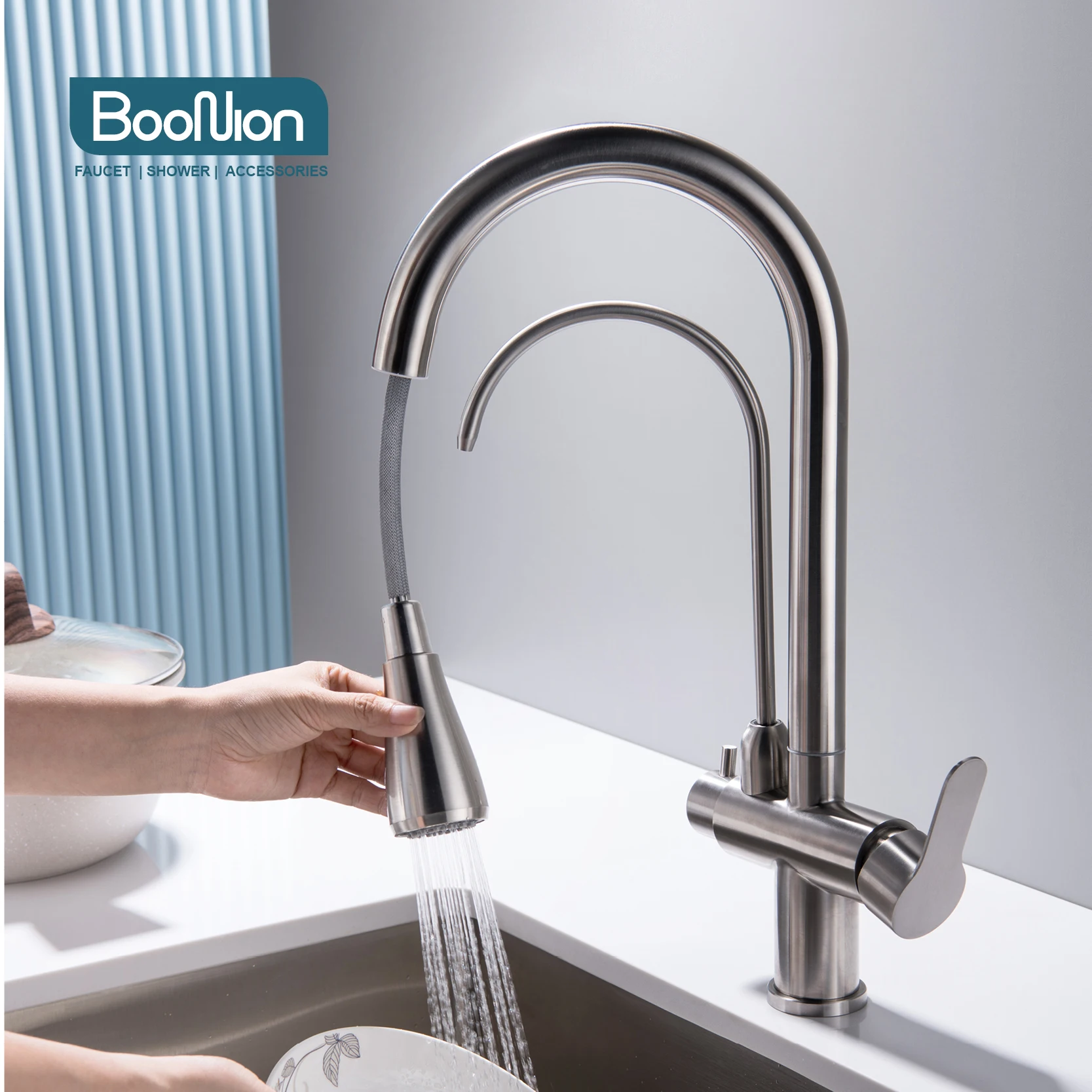 

Boonion SUS304 Stainless steel kitchen faucet Hot and cold faucet Clean water Direct drinking faucet Pull Food kitchen faucet