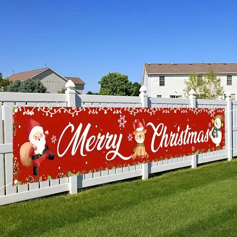 1 pancarta de valla de poliéster de reno de Papá Noel y muñeco de nieve: diseño de copo de nieve rojo brillante, decoración exterior/interior, festivo