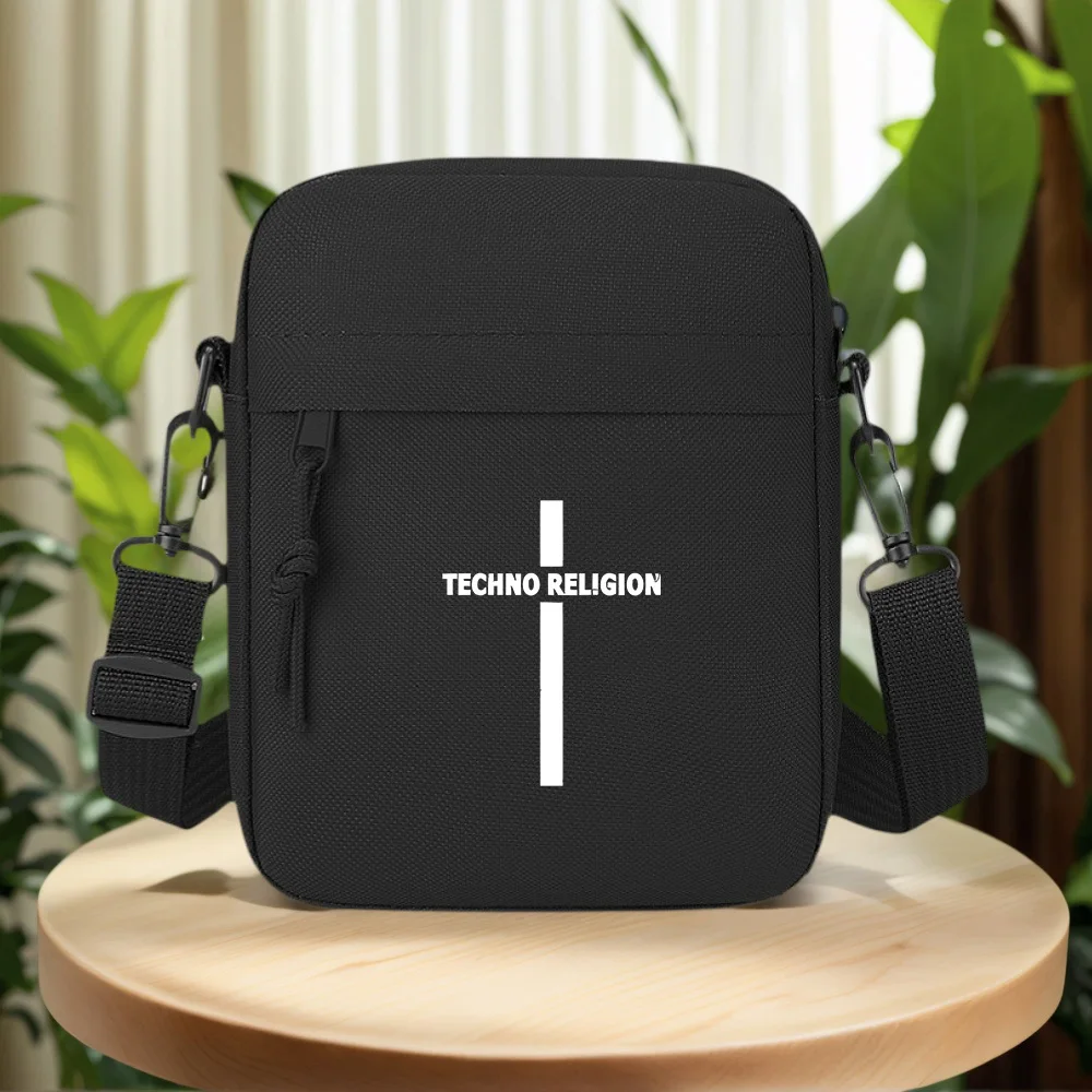 Techno religion white cross on black Men Crossbody Bag Single Shoulder Women Cartoon Anime Film Printing Design Unisex
