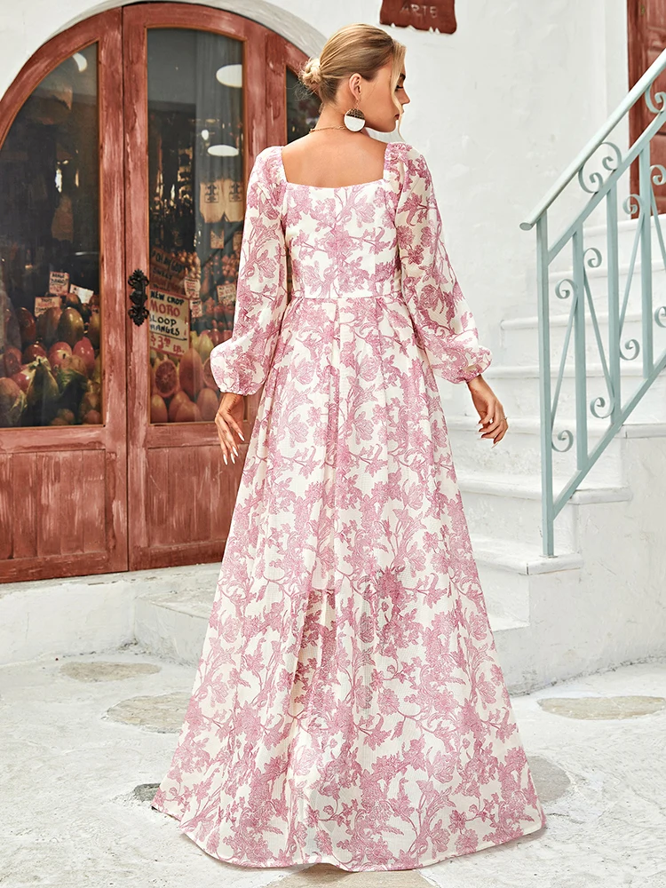 女性のフロア丈ドレス,エレガント,ボヘミアン,ランタンスリーブ,スクエアカラー,パーティードレス,スタイリッシュなプリント