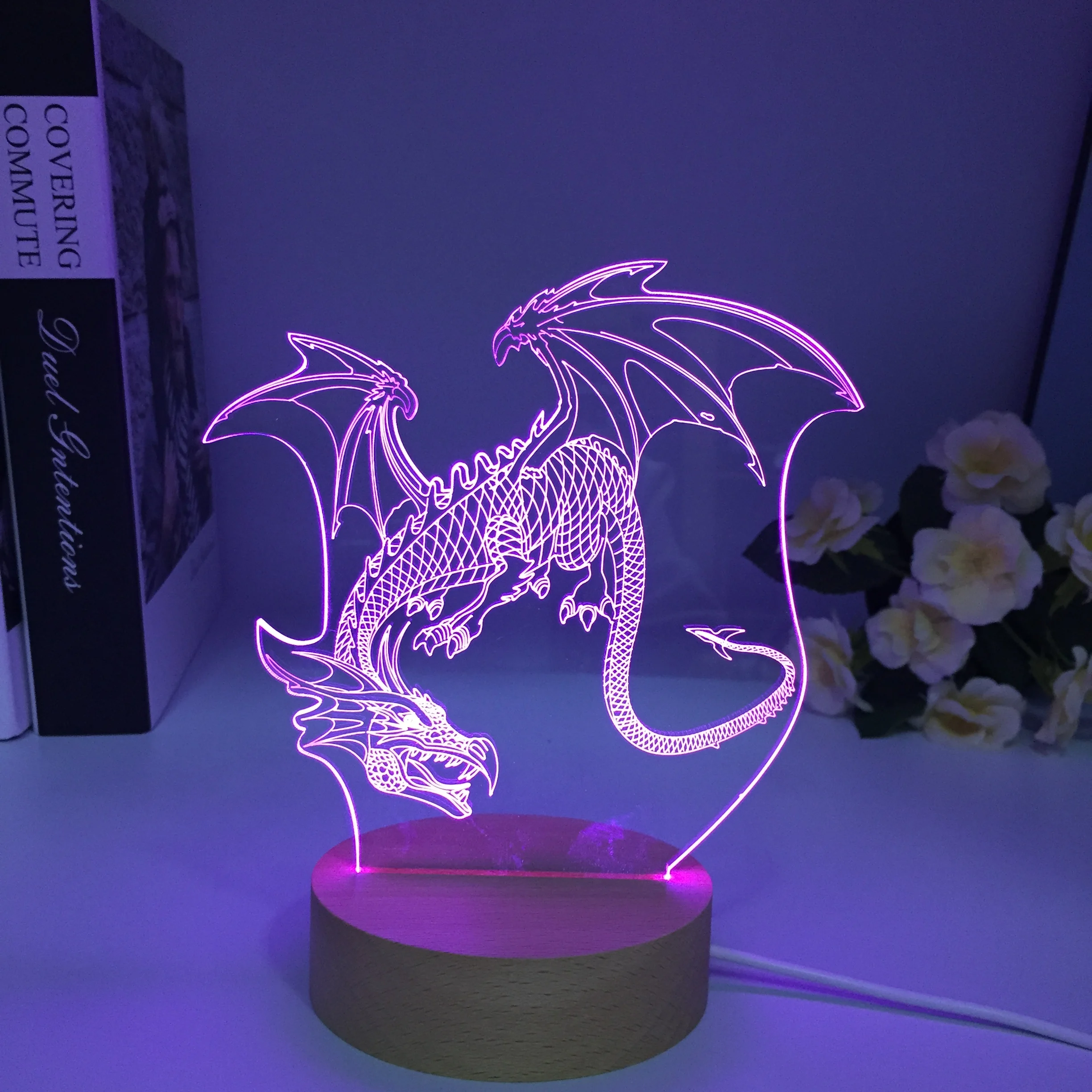 Train Dragon Wooden 3D Table Night Light Acrylic LED Decor Lamp with Colors Birthday Gifts Christmas Wood Present for Room Decor