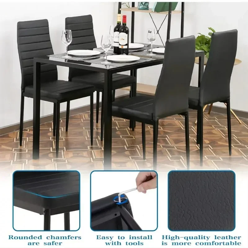 5 Pieces Dining Room Set Tempered Glass Dining Table with 4 Chairs, Black dining room chairs  table set furniture