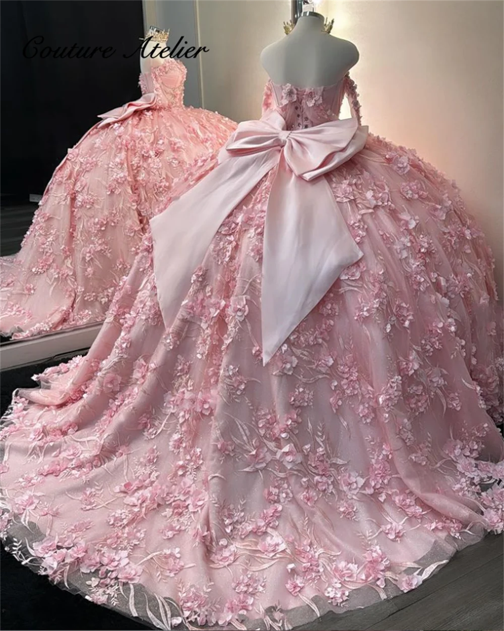 Lovely Pink 3D Flowers Three Quarter Sleeve Quinceanera Dresses Ball Gown 2024 Bow Sweetheart Sweet 16 Dress Wedding Customized