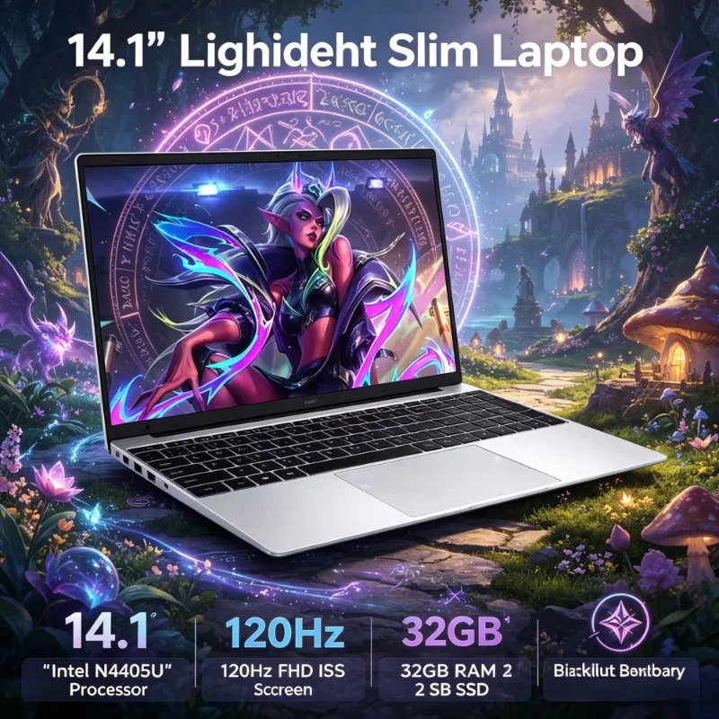 Tela FHD IPS de 120Hz, Laptop Slim Leve de 14.1 Polegadas, Intel 4405U, 32GB de RAM, SSD Rápido de 2TB, Teclado Retroiluminado Prático