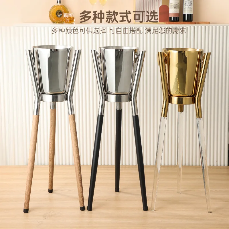 Stainless Steel Ice Bucket Large Capacity Vertical Light Luxury with Shelf Ice Grain Set Bar Household Red Wine Bucket
