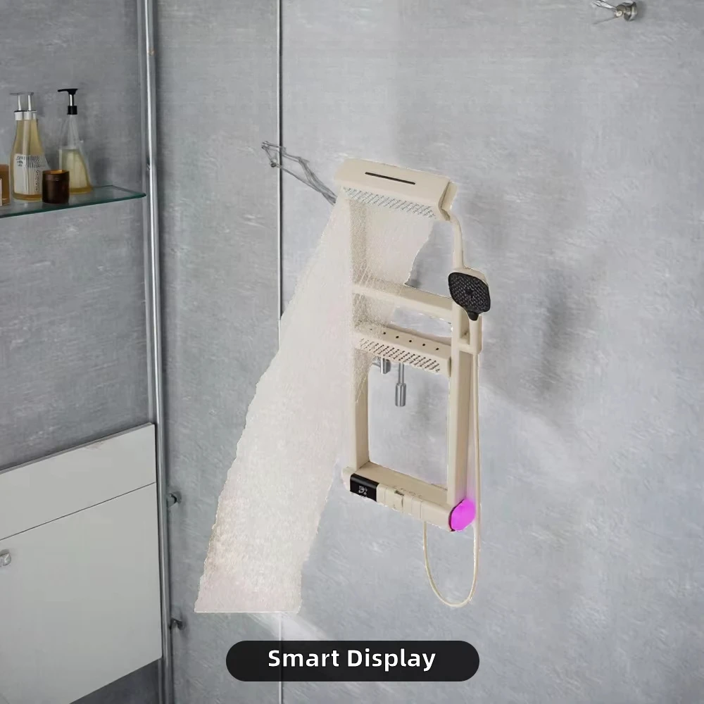 Multifunctional Thermostatic Rain Spray Brass Shower Set Ceramic Digital Display LED Light Triple Handle Two Storage Racks Hotel