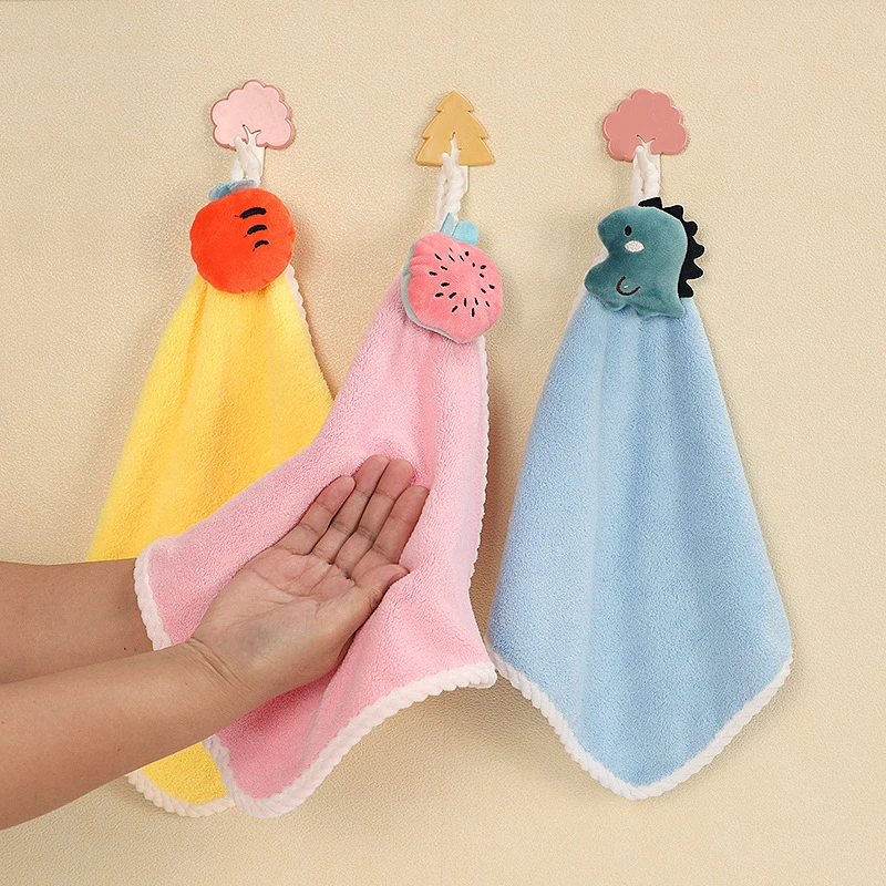 Cute Dinosaur Hanging Hand Towel 100% Cotton Fruits Rag Bedroom Kitchen Bath Small Soft Hand Towels for Children Kitchen Kid