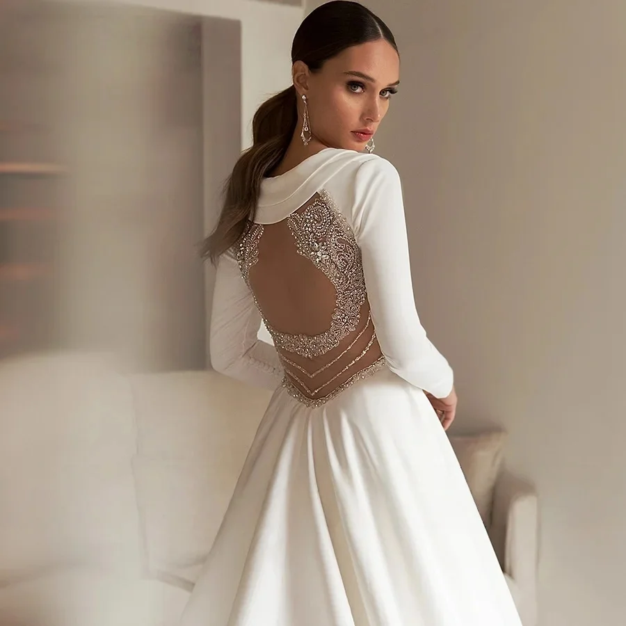 Abiti da sposa senza schienale A-line maniche lunghe in raso con perline Abito da sposa arabo Dubai islamico Vestido De Noiva personalizzato