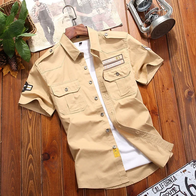 New Mens Retro Shirt Men 2021Short Sleeve Cargo Shirts Fashion Casual Summer Cotton Solid Shirt Male Pocket Work Shirt M-5XL