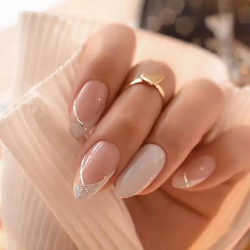 

24Pcs Long French False Nails with Almond Head Design White Lines Fake Nail Wearable Oval Press on Nails Full Cover Nail Tips