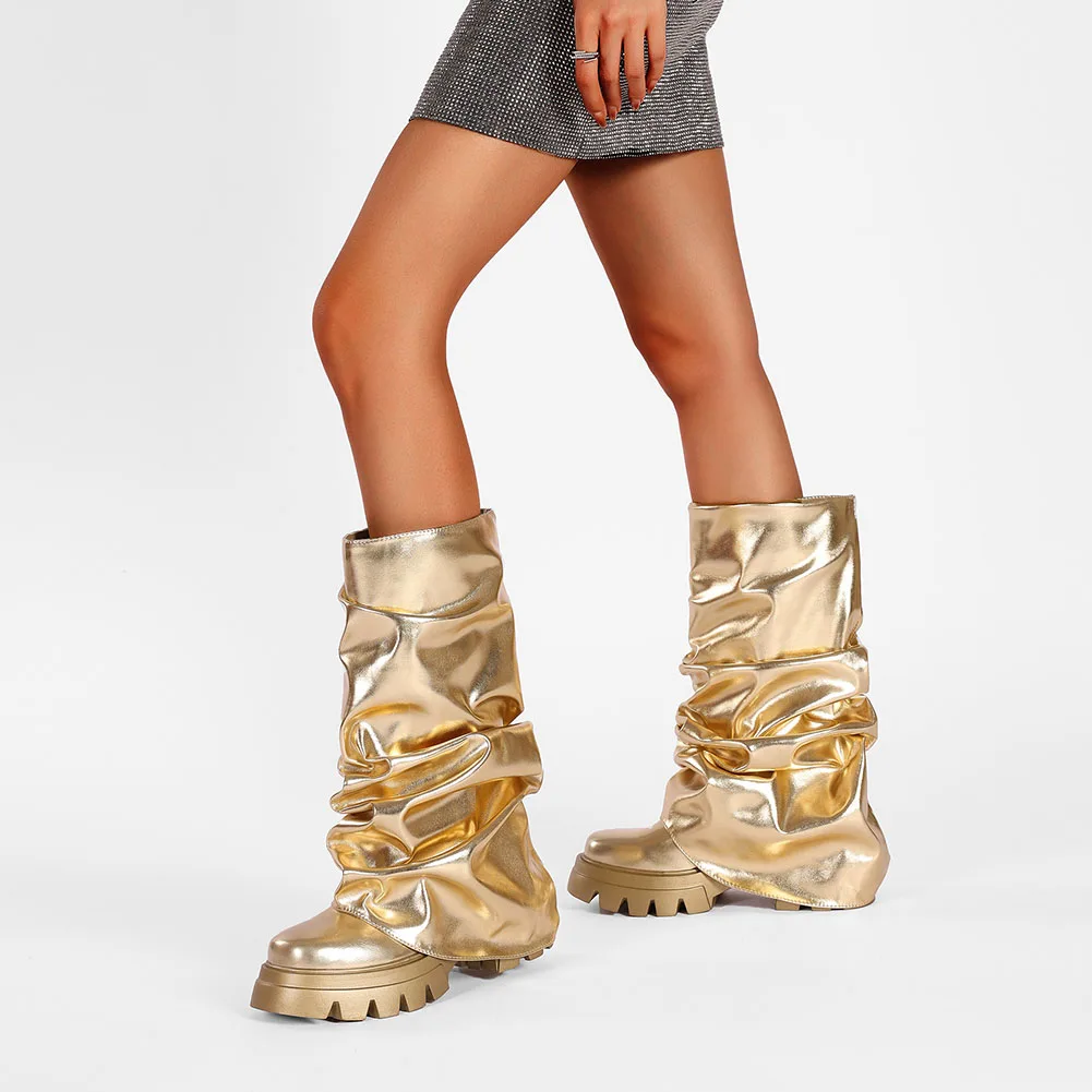 Women's Fold Over Slouchy Shark Boots Fashion Pleated Chunky High Heels Round Toe Platform Pull On Knee High Boots