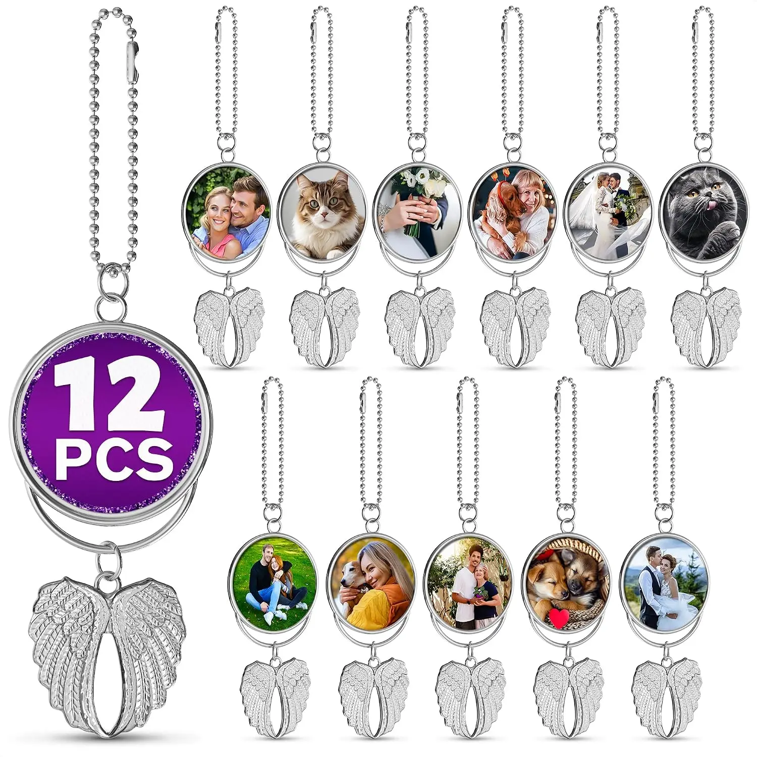 12 sets Sublimation Angel Wing Picture Frame Alloy Memorial Pendant Car interior decoration DIY Gift Giving with Chains