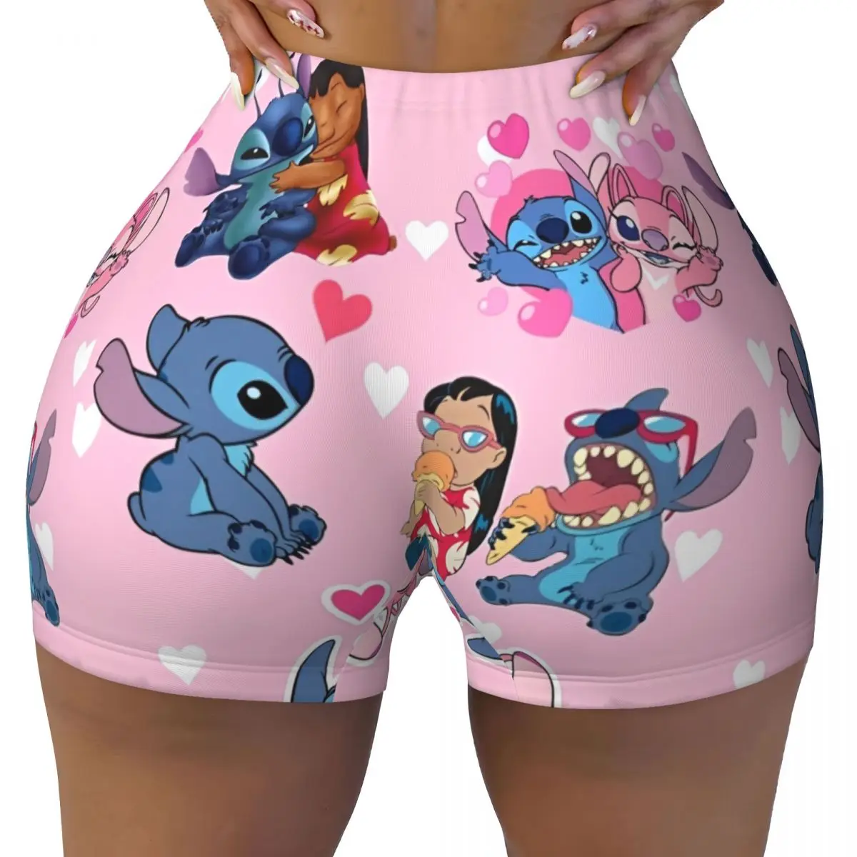 Women's Workout Yoga Shorts Kawaii Stitch Angel High Waist and Hip Shorts Lilo And Stitch Running Pants