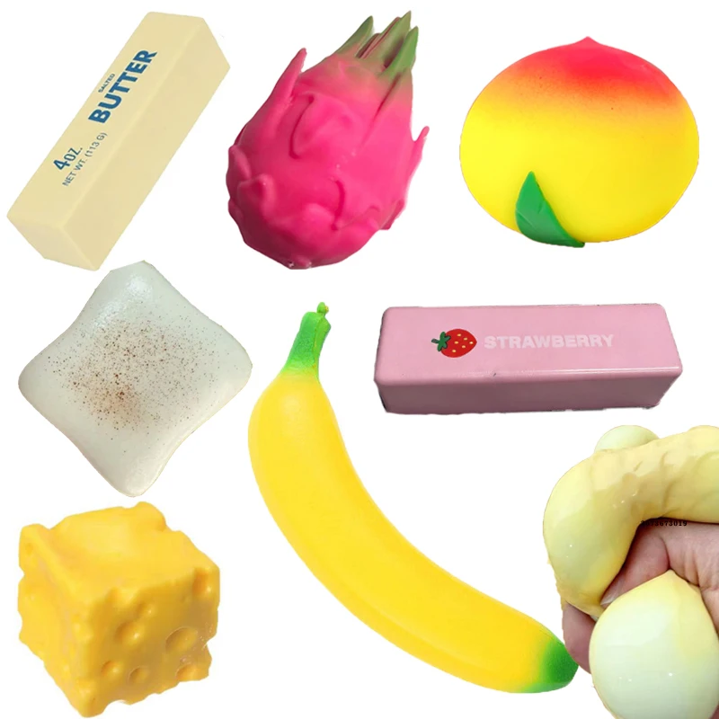 14 Styles Squishy Toys Bread/Butter/Cheese/Fruits Fidget Toys Slow Rebound Anxiety Relief Decompression Toys Stress Ball Gifts