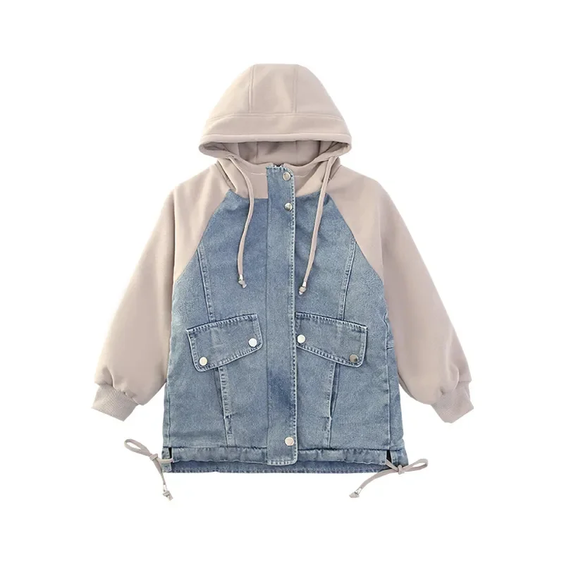 2023 Winter Spring New Girls Denim Jacket Blue with Hat Hoodie Fashion Streetwear Jean Coat Children’s Outerwears CH156