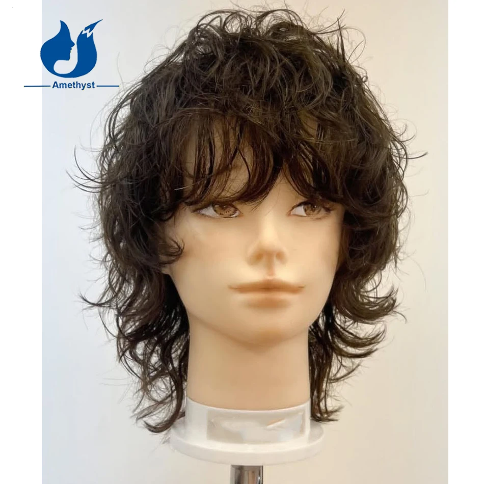 

Amethyst Loose Curly Brazilian Remy Human Hair Wig for Men 13X6 Lace Front Wig Short Cut Bob Mullet with Bangs #2 Brown Prepluck