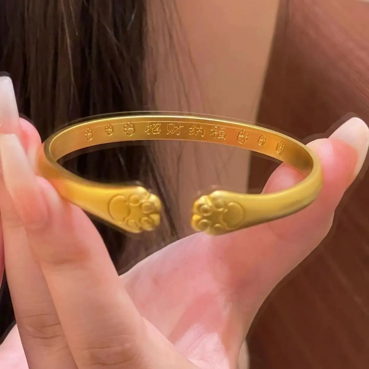 9999 Gold Cat Paw Bracelet, Traditional Open-Ended Bangle, Cute Lucky Cat Paw Open Ring