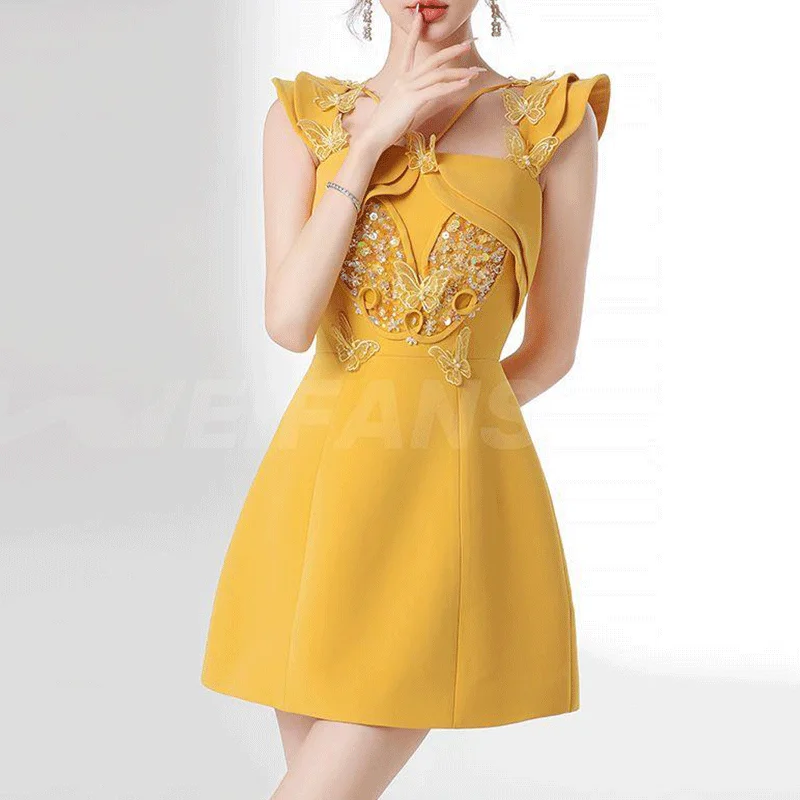 Korejepo Light Luxury Dresses Butterfly Travel Among Flowers New Heavy Industry Short Dress 2024 Sweet Niche Temperament Vestido