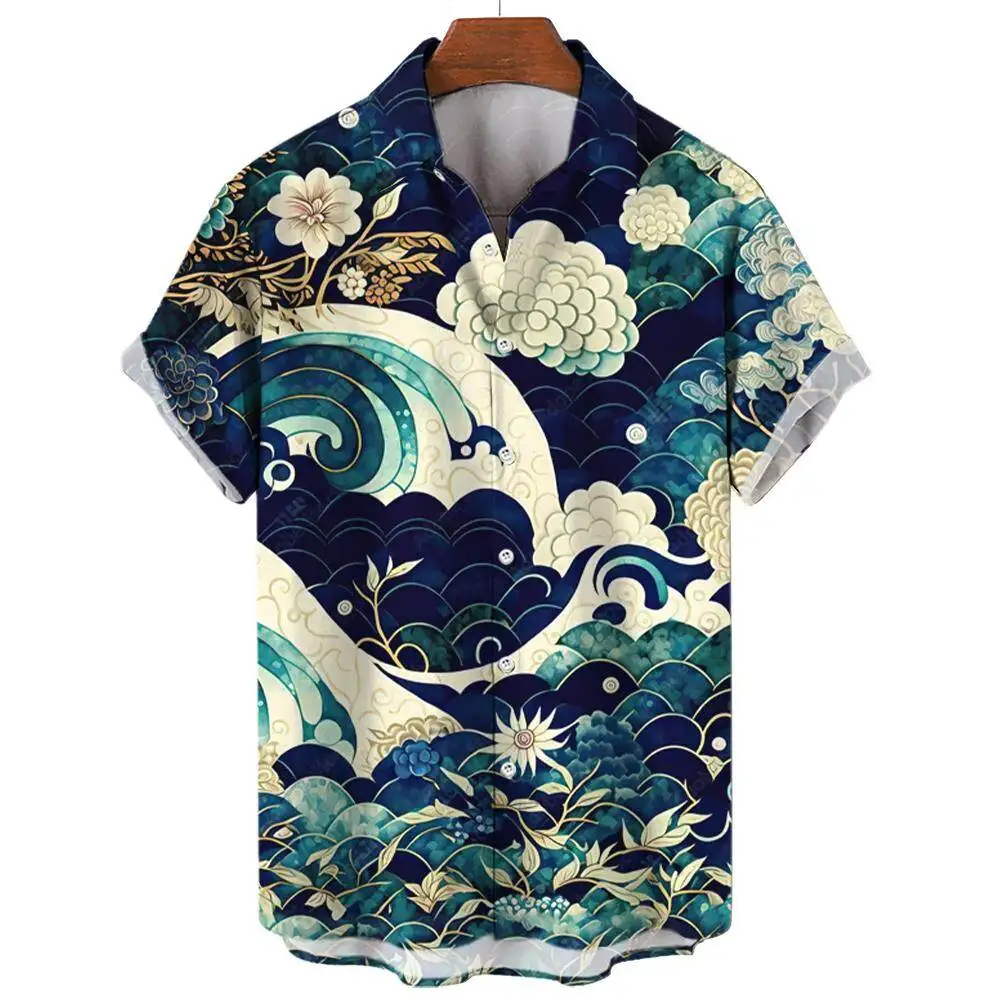 Summer Fashion Sutra of Mountains and Seas Ukiyoe Wave Print Men\'s Short Sleeve Shirts Casual Daily Street Trend Tops Oversized