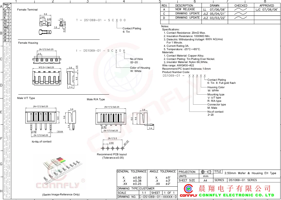 1500pc Connfly 커넥터 새 부품 T-DS1069-01-SC600