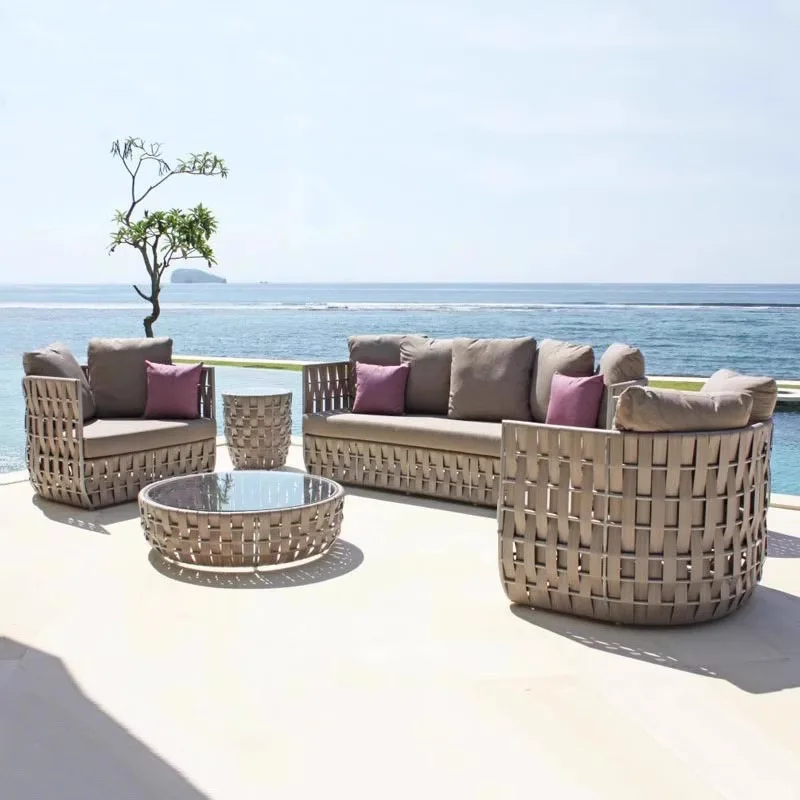 PE Rattan Outdoor Sofa Set Metal Frame Patio Sectional Furniture With Coffee Table Removable Cushion For Backyard Garden