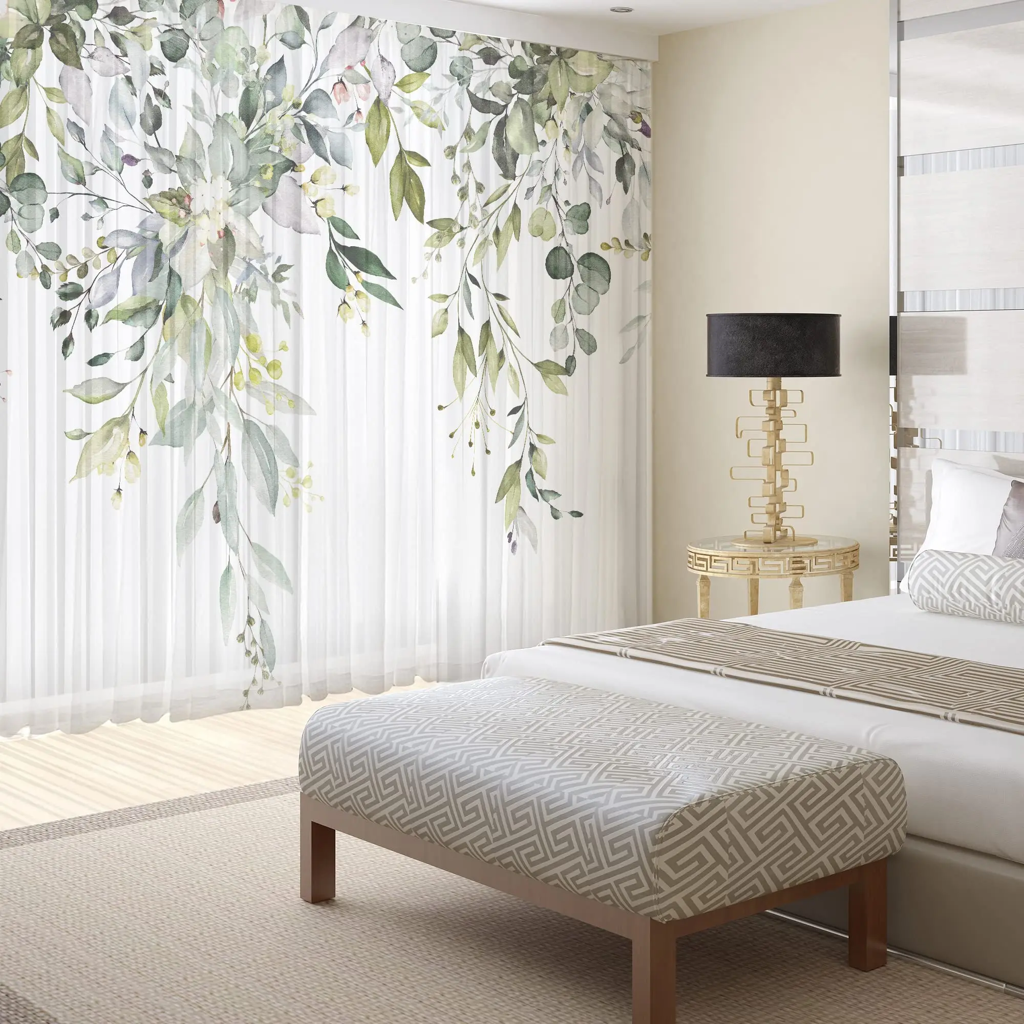 2 Pcs Green Eucalyptus Leaves Curtains for Living Room Elegant Wild Floral Printed Window Curtain Natural Sheer Chiffon Drapes