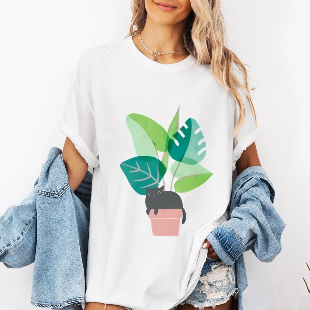 Koszulka z kotem w doniczce, uroczy zwierzak, grafika, luźna, z krótkim rękawem, słodka, miękka, wygodna, codzienna odzież, topy.