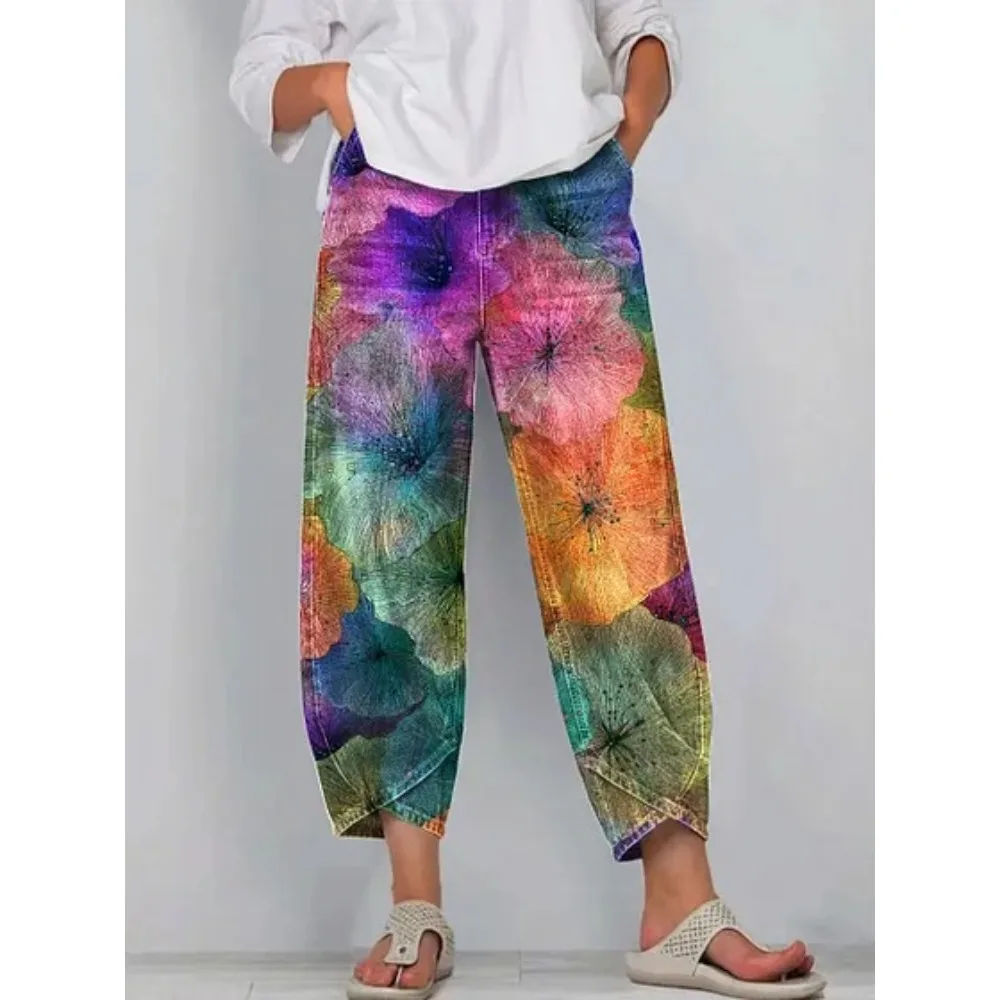 Vintage-Haremshose mit Rosenmuster, kurz geschnitten, lockere Tulpenform, knöchellang, lässige Hose für Zuhause, Loungewear, Urlaub – Detail 11