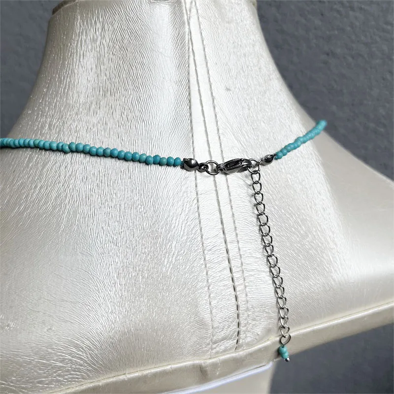 2MM Turquoise Necklace Natural Stone Round Bead Heart Pendant Women Wedding Love Gift Fashion Glamour Jewelry Party Prom Small