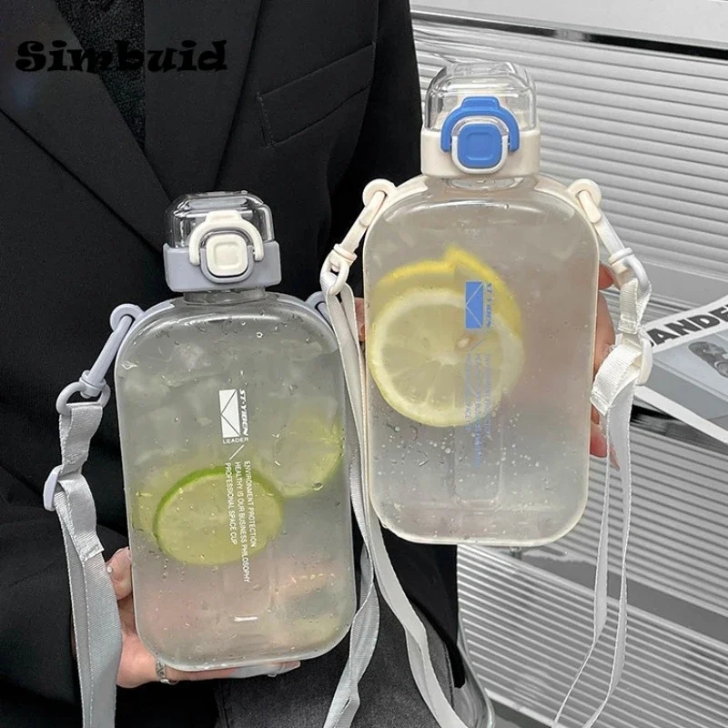 Flat Square Transparent Water Bottle Portable Travel Canteen with Adjustable Strap Slim Bottle for Sport Camping