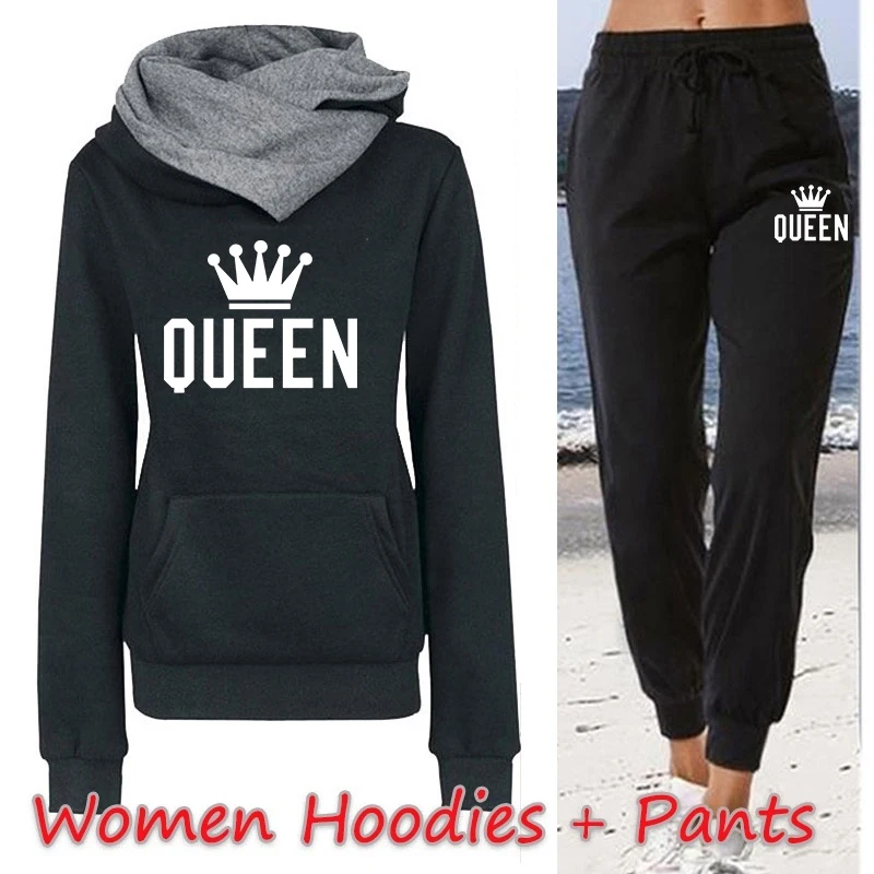 Womens Queen Print Hoodies Sets Lapel High Collar Long Sleeve Sweatshirts Hooded Pants Suit Casual Tracksuit