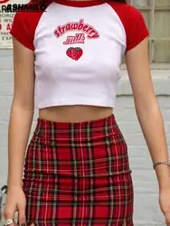 Y2k Crop Top 2000s Aesthetics Kawaii Cherry Print T Shirts Women Harajuku Streetwear Slim Tshirt Summer Graphic Streetwear