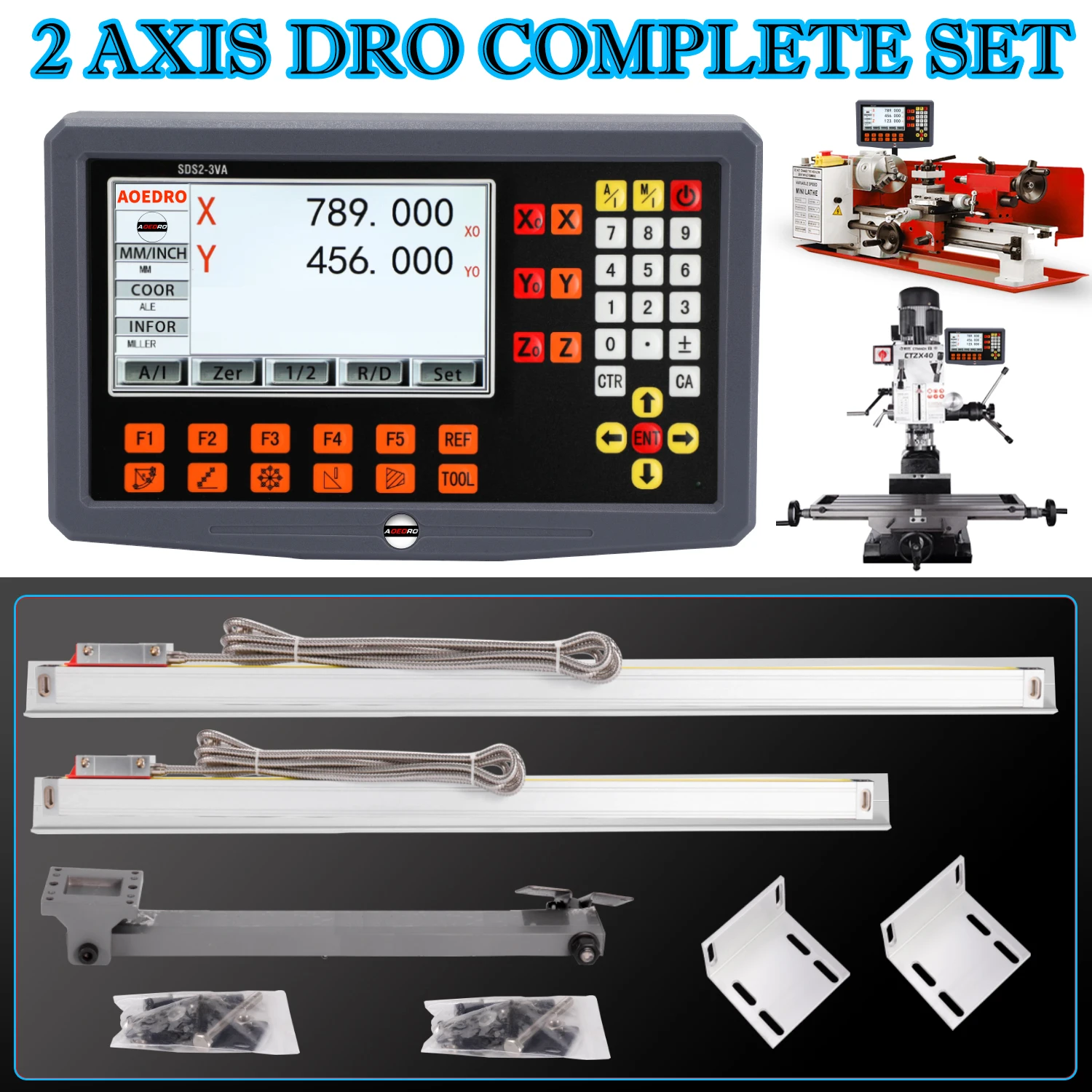 2 محور Dro مجموعة كاملة LCD SDS2-3VA قراءات رقمية مع 2 قطعة KA-300 مقياس زجاجي خطي أو KA500 أو KA35 لمطحنة المخرطة