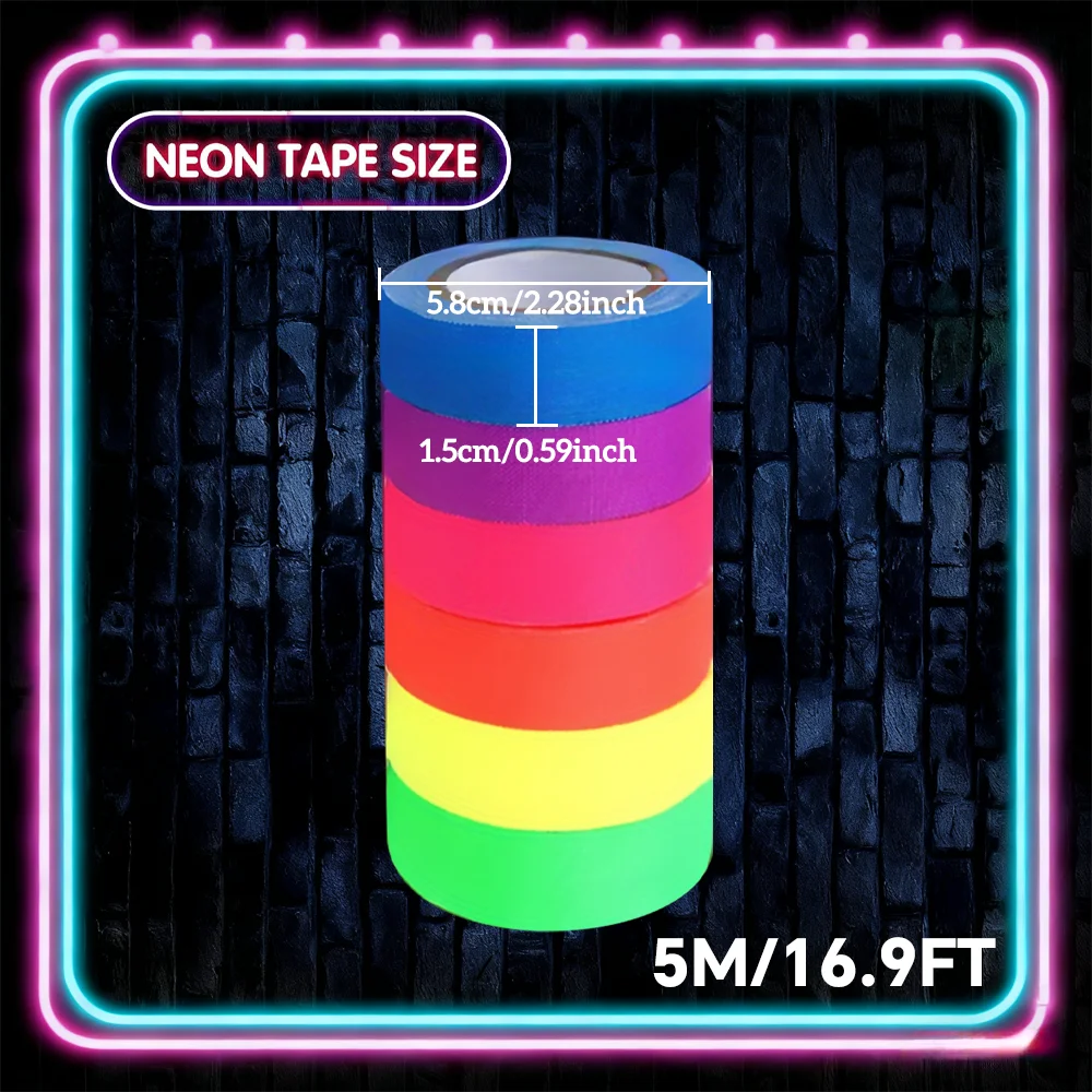 6-farbiges Neon Gaffer-Stoffband-Set, fluoreszierendes Regenbogen-UV-Schwarzlicht-Klebeband für UV-Partys und Veranstaltungen